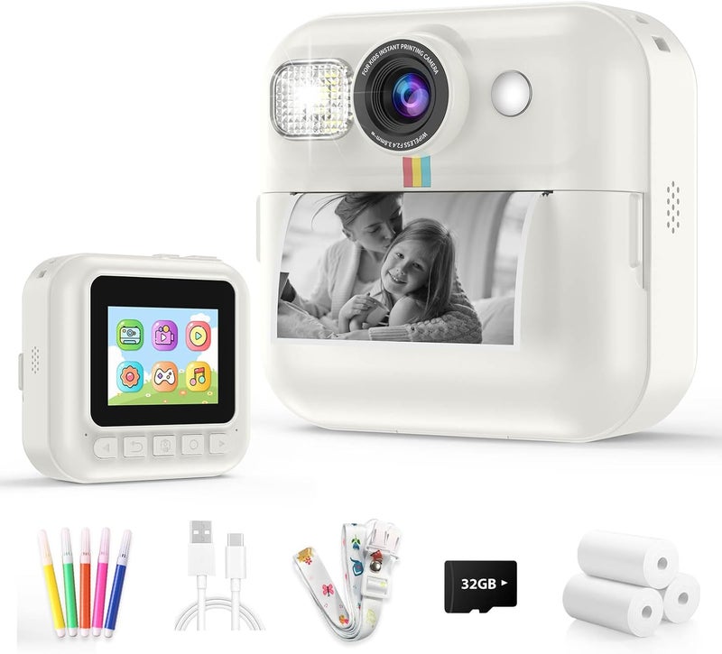 Dafotil Instant Print Camera for Kids, 3-12 Year Old Girls Boys Gifts, 1080P Video Children Digital Camera with 32GB Card, Kids Christmas Birthday Gifts Toddler Photo Camera Toys for Age 3 4 5 6 7 8 9 White - Image 1